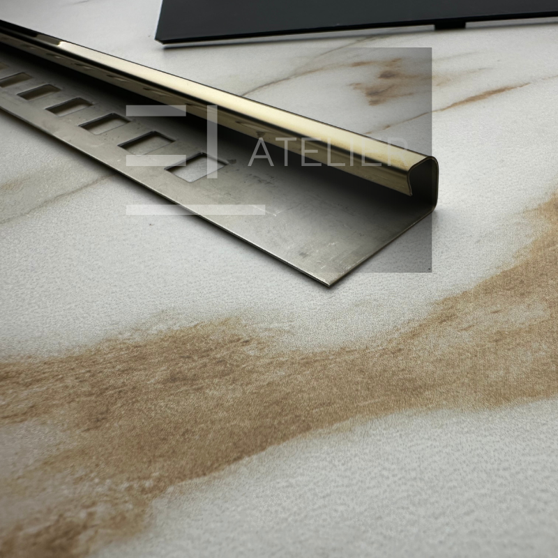 Profil colț exterior inox auriu lucios aplicare protecție margini faianță 10mm