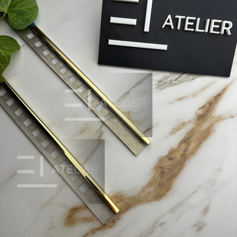 Profil colț exterior rotund inox auriu lucios 10mm montaj profesional margini gresie