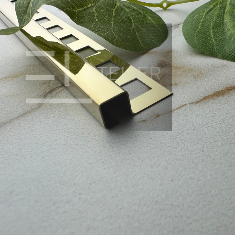 Profil decorativ colț exterior pătrat inox auriu lucios montaj gresie faianță 10mm