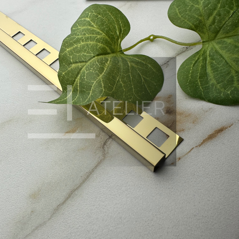 Profil colț exterior pătrat inox auriu lucios 10mm detaliu finisaj premium protecție muchii