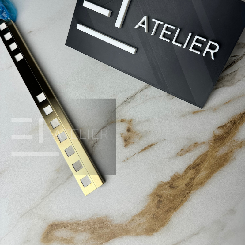 Profil decorativ colț exterior pătrat inox auriu mat montaj gresie faianță 10mm