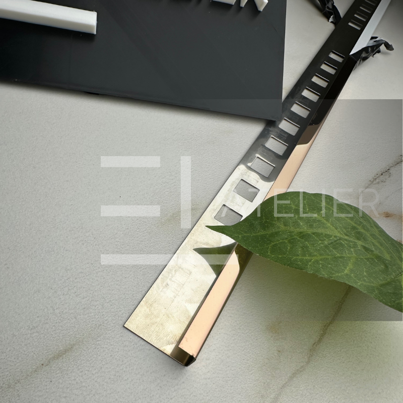 Profil colț exterior inox bronz rose-gold lucios 10mm aplicare margini gresie finisaj elegant