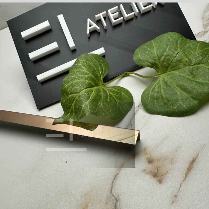 Profil L colț inox bronz rose-gold lucios 10x10mm detaliu finisaj premium protecție muchii