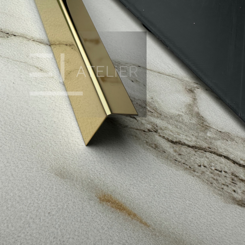 Profil L colț inox auriu lucios 20x10mm aplicare protecție margini finisaj elegant