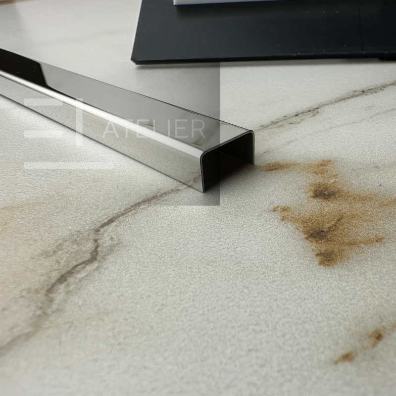 Profil U inox argintiu lucios 15mm aplicare finisaj margini mobilier elegant