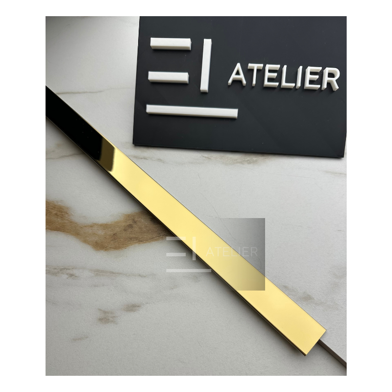 Detaliu profil trecere inox auriu lucios separare gresie parchet 25mm