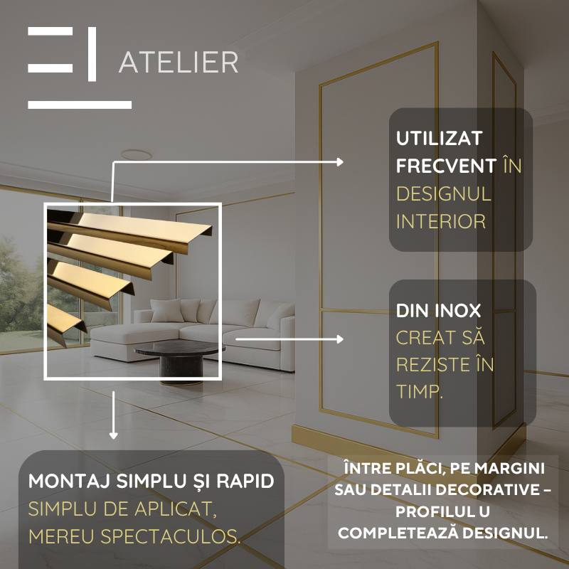 Profil U Inox Auriu Mat 15mm x 2700mm - EL Atelier