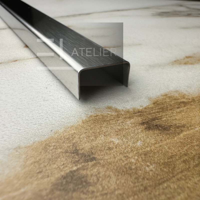 Profil decorativ U inox argintiu mat montaj pereți pardoseli 15mm