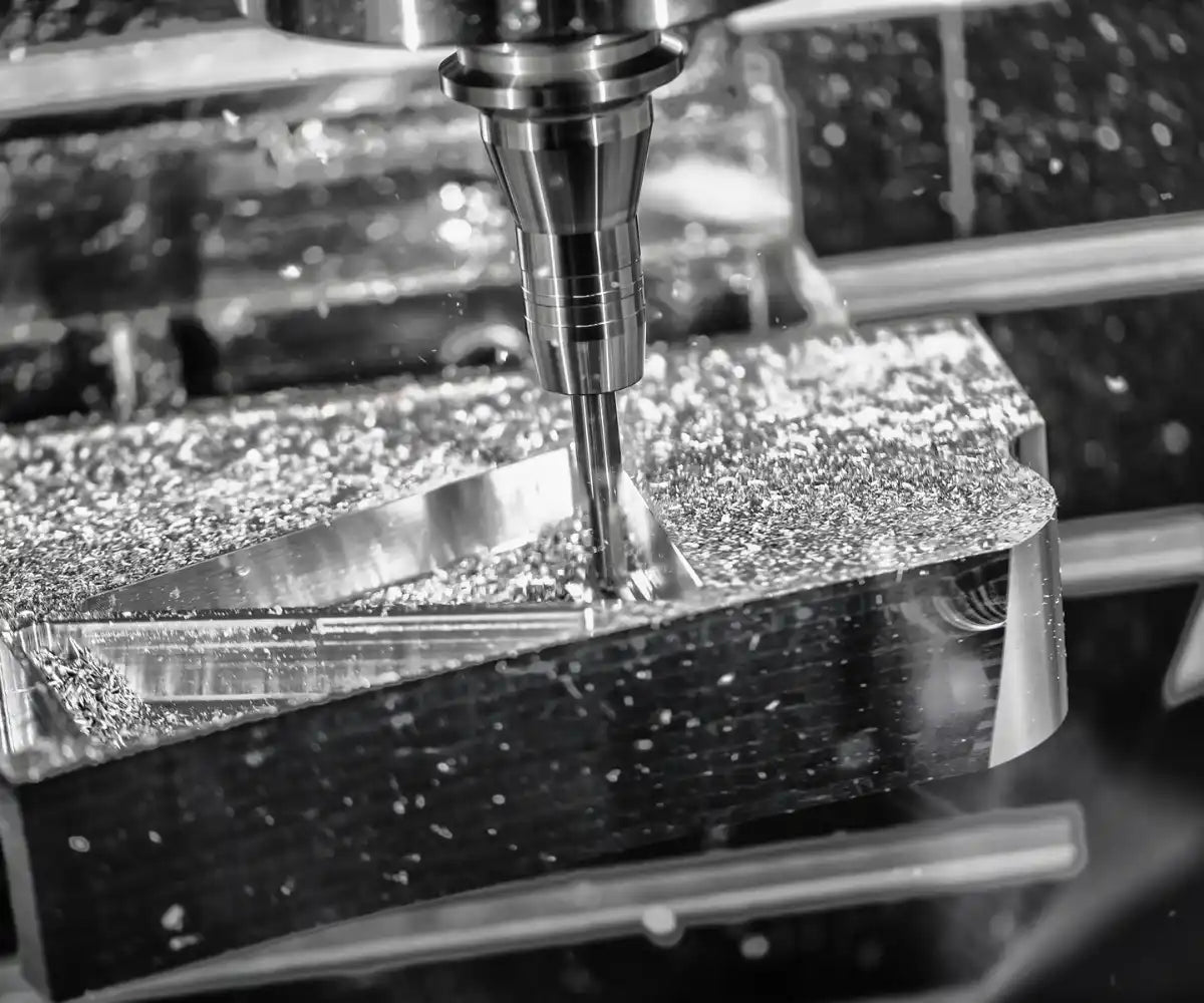 Mașină de frezat CNC tăind metal cu așchii zburătoare.